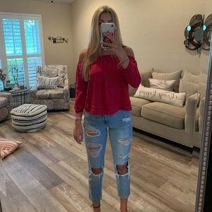 Bright pink cute off the shoulder top
